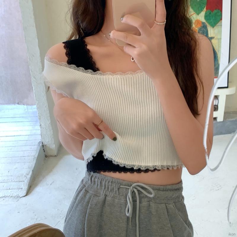 Áo dệt kim hai dây phối ren phong cách Hàn Quốc quyến rũ dành cho nữ