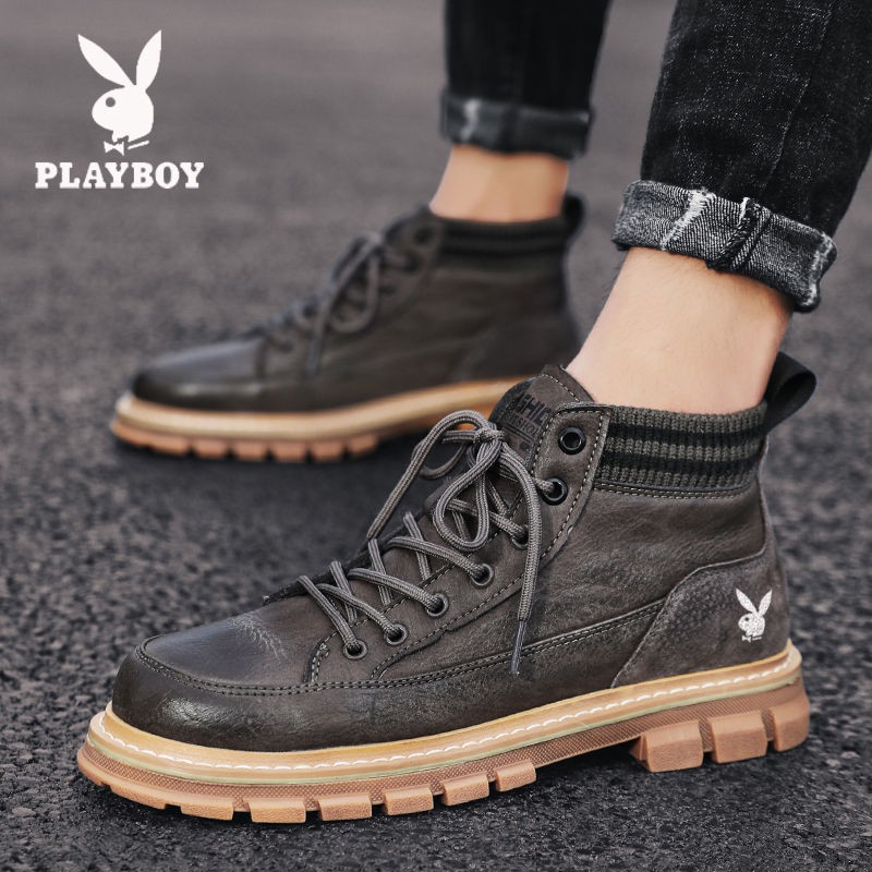 Playboy nam mùa đông mới dụng cụ Martin boots giày da thường cộng với bông dày nhung Phiên bản Hàn Quốc của xu hướ