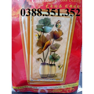 tranh thêu chữ thập cao cấp bình hoa sen nghệ thuật