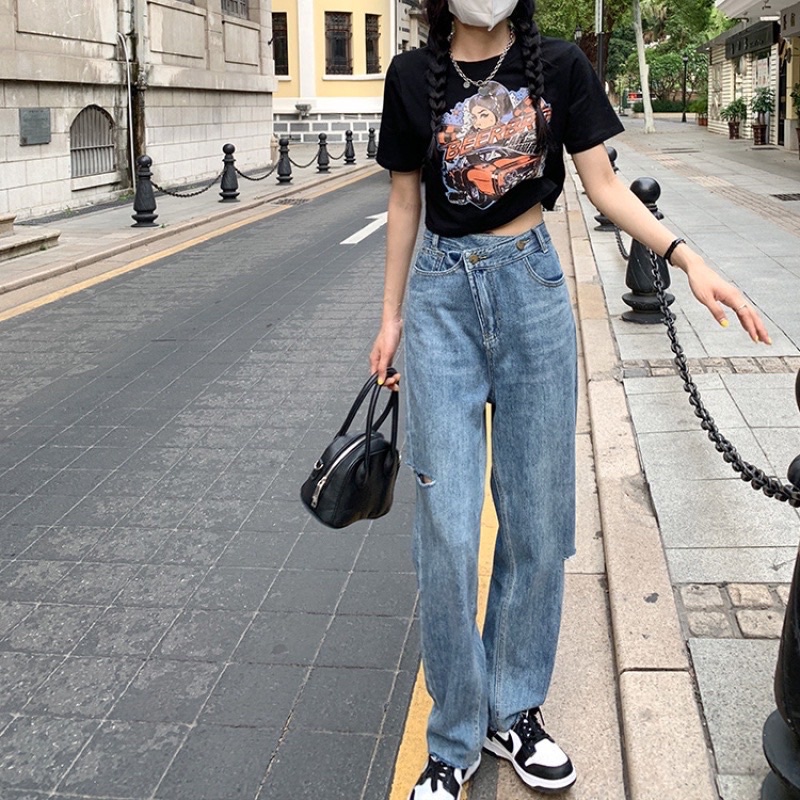 Quần Jean Lưng Cao Phối Rách Cá Tính Trẻ Trung