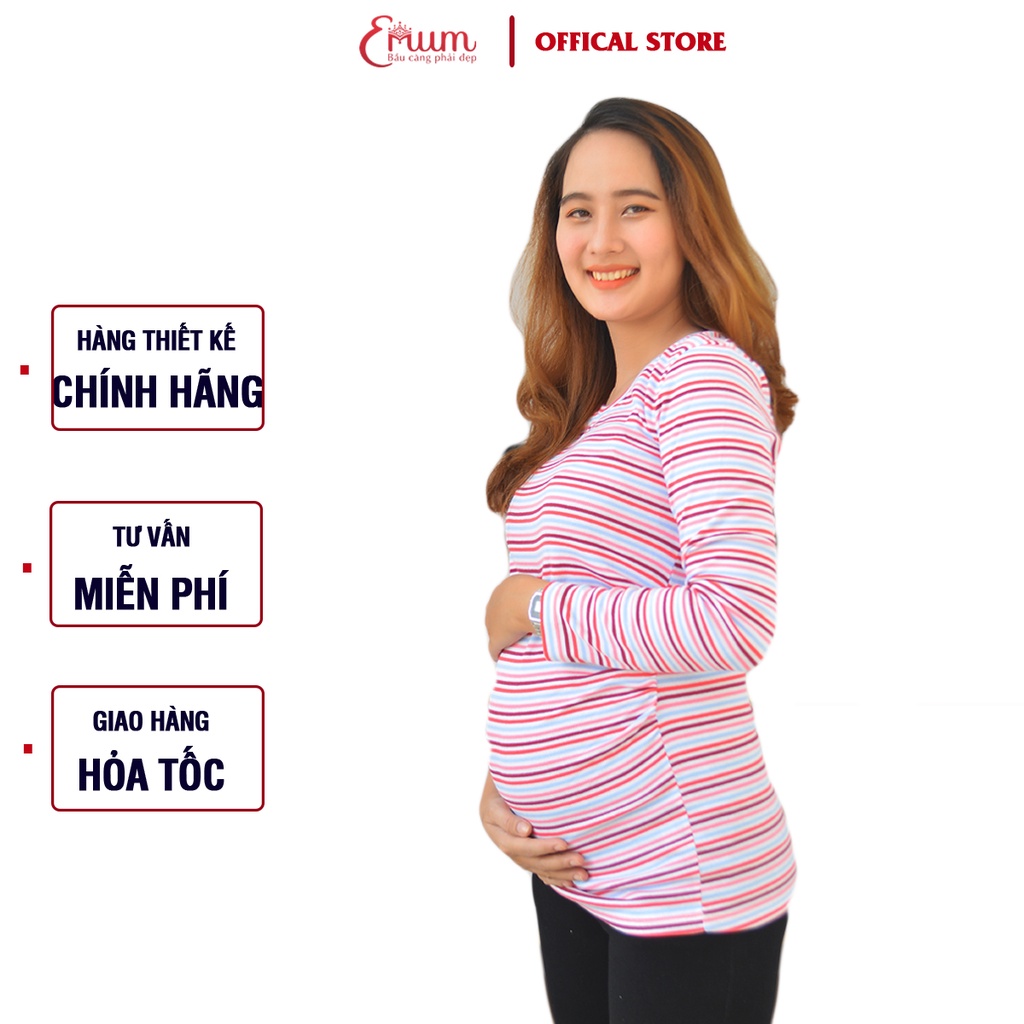 Áo bầu cổ tròn tay dài sọc nhiều màu Emum