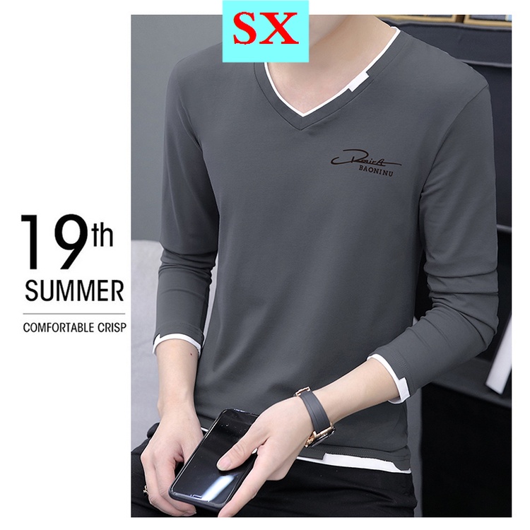 Áo thun nam dài tay cổ chữ V thời trang mới