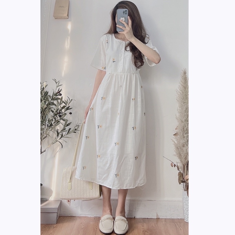 Đầm - váy babydoll hoa cúc cộc tay cúc ngực 1907 | WebRaoVat - webraovat.net.vn