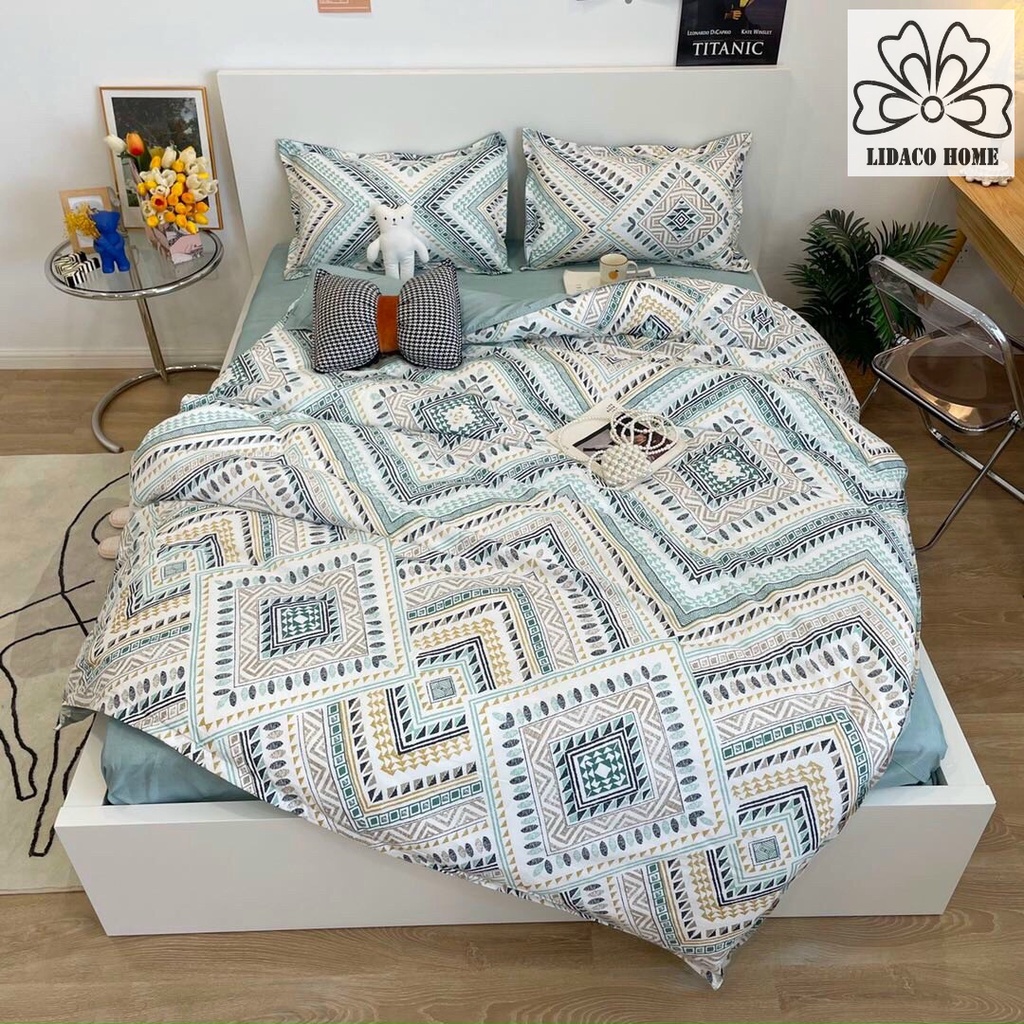 Bộ vỏ chăn ga gối cotton poly 2 mặt Lidaco decor phòng ngủ vintage - kẻ ô thổ cẩm