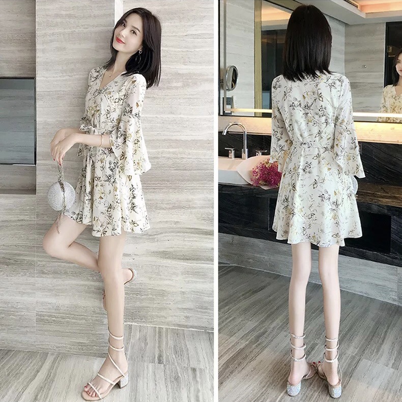 Váy nữ đầm nữ họa tiết hoa tay dài phối bèo V07 | BigBuy360 - bigbuy360.vn
