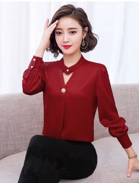 Áo sơ mi nữ công sở tay dài phi cổ giọt nước size S M L Xl