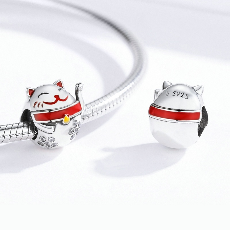 Hạt charm Bamoer bằng bạc 925 hình mèo may mắn trang trí vòng tay