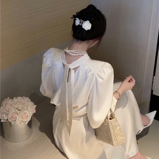 Set Áo Sơ Mi Tay Dài Cổ Tròn Vải Satin Cao Cấp Phối Chân Váy Lưng Cao Thời Trang Pháp Sang Trọng Cho Nữ
