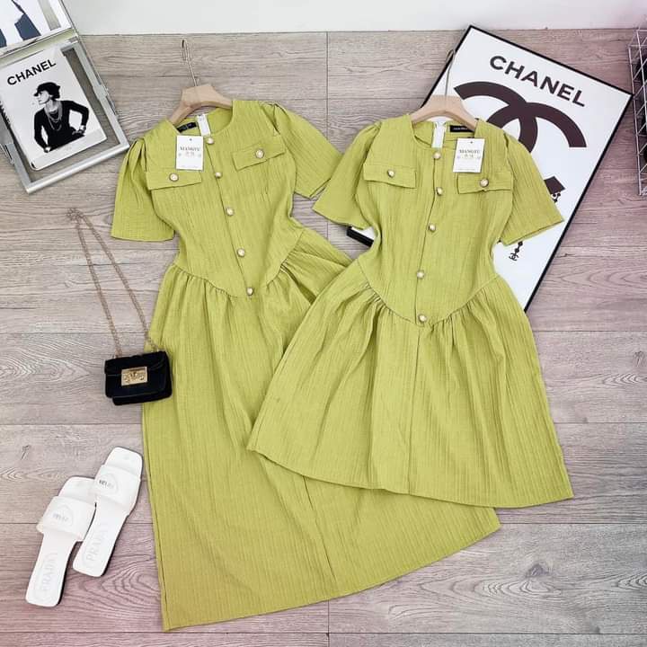 : Váy li cúc nhún eo 2 form màu xanh cốm cúc đồng kẻm ảnh thật trải sàn LOLLA FASHION