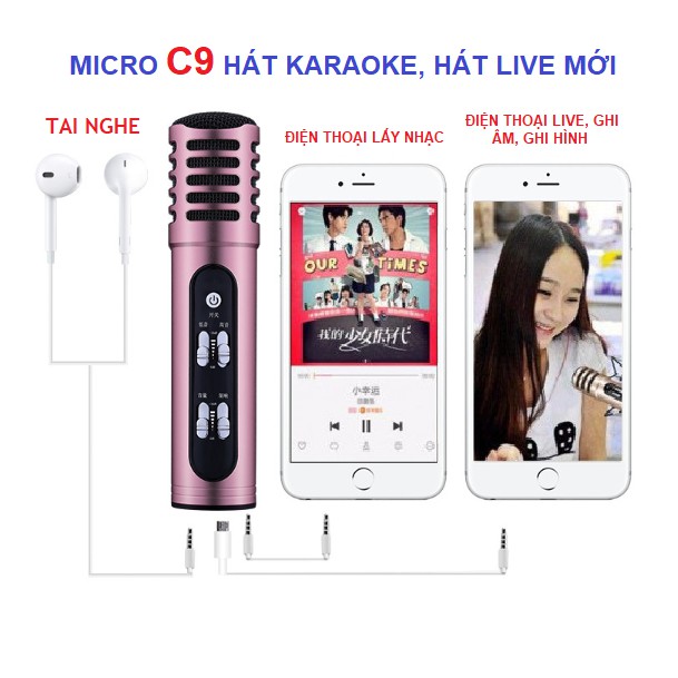 Míc Thu Âm Hát Karaoke Livestream C9 Không Cầm Sound Card Tặng Kèm Tai Nghe