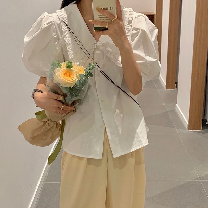 Áo sơ mi tay phồng ngắn màu trơn thời trang mùa hè phong cách Hàn Quốc