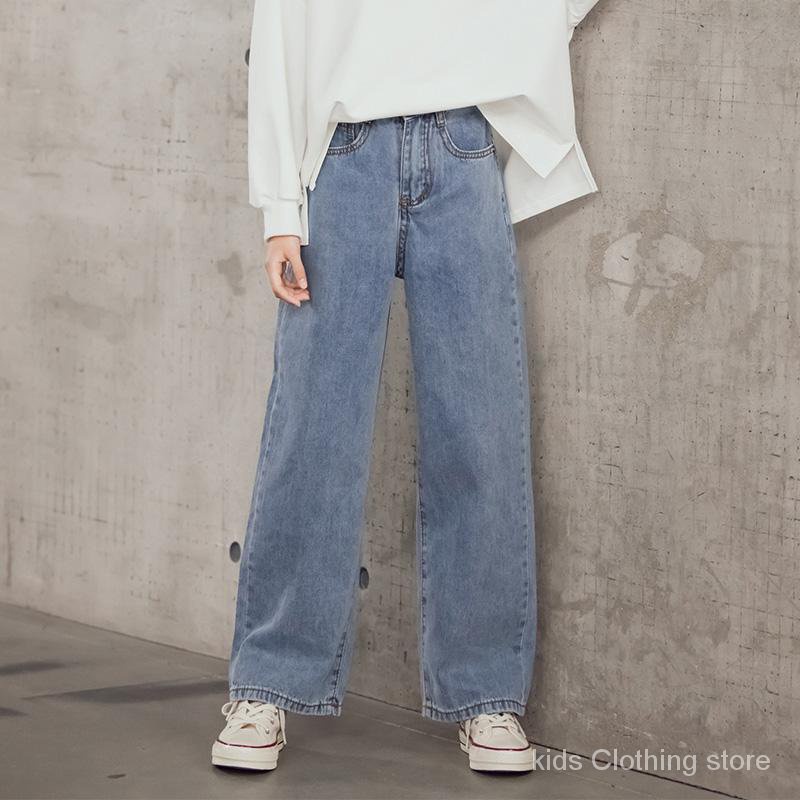 Hàng Có Sẵn Set Áo Thun Tay Dài In Hình Mặt Cười + Quần Jean Ống Rộng Màu Xanh Dương Cho Bé Gái /056