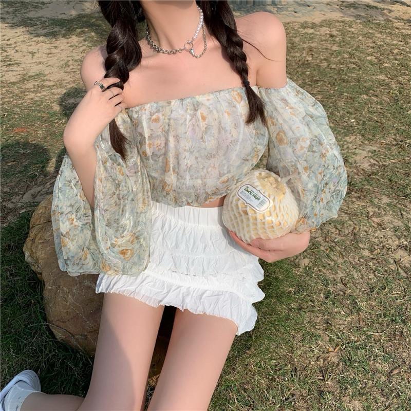 [Mã FAMARAL1 giảm 10K đơn 50K] Áo hoa trễ vai tay bồng dáng croptop tiểu thư cực xinh AH03
