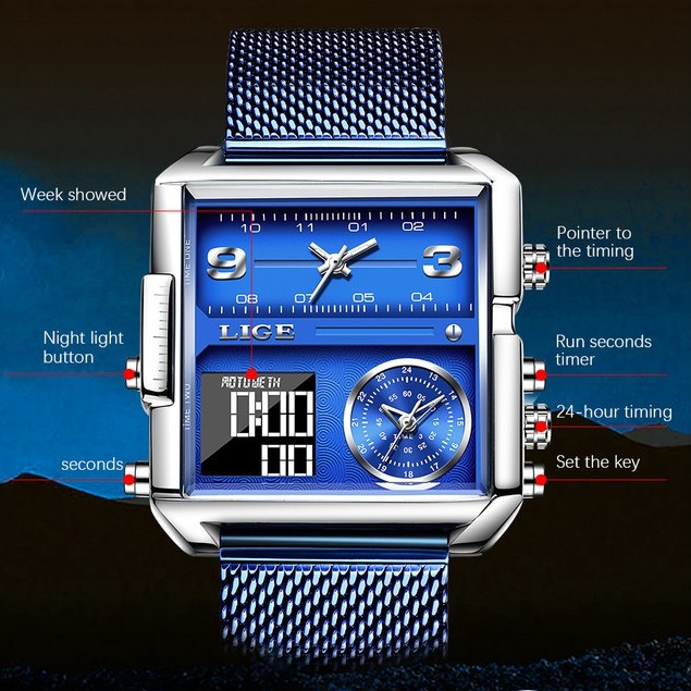 Đồng Hồ Điện Tử Lige Mặt Vuông Bằng Thép Không Gỉ Chống Thấm Nước Thời Trang Cho Nam