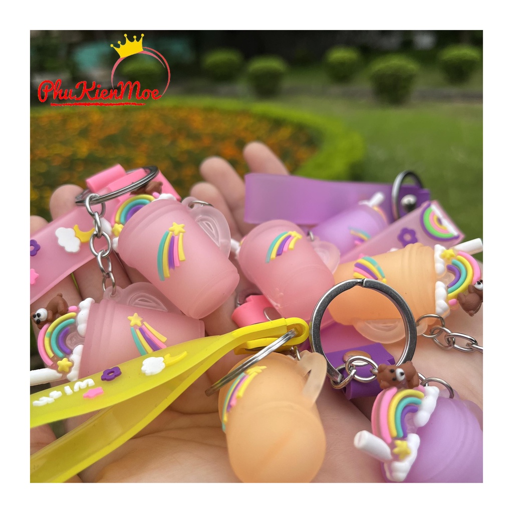 Móc chìa khoá hình trà sữa mini cầu vồng loại cao su cao cấp PhuKienMoe handmade, ibx để chọn màu