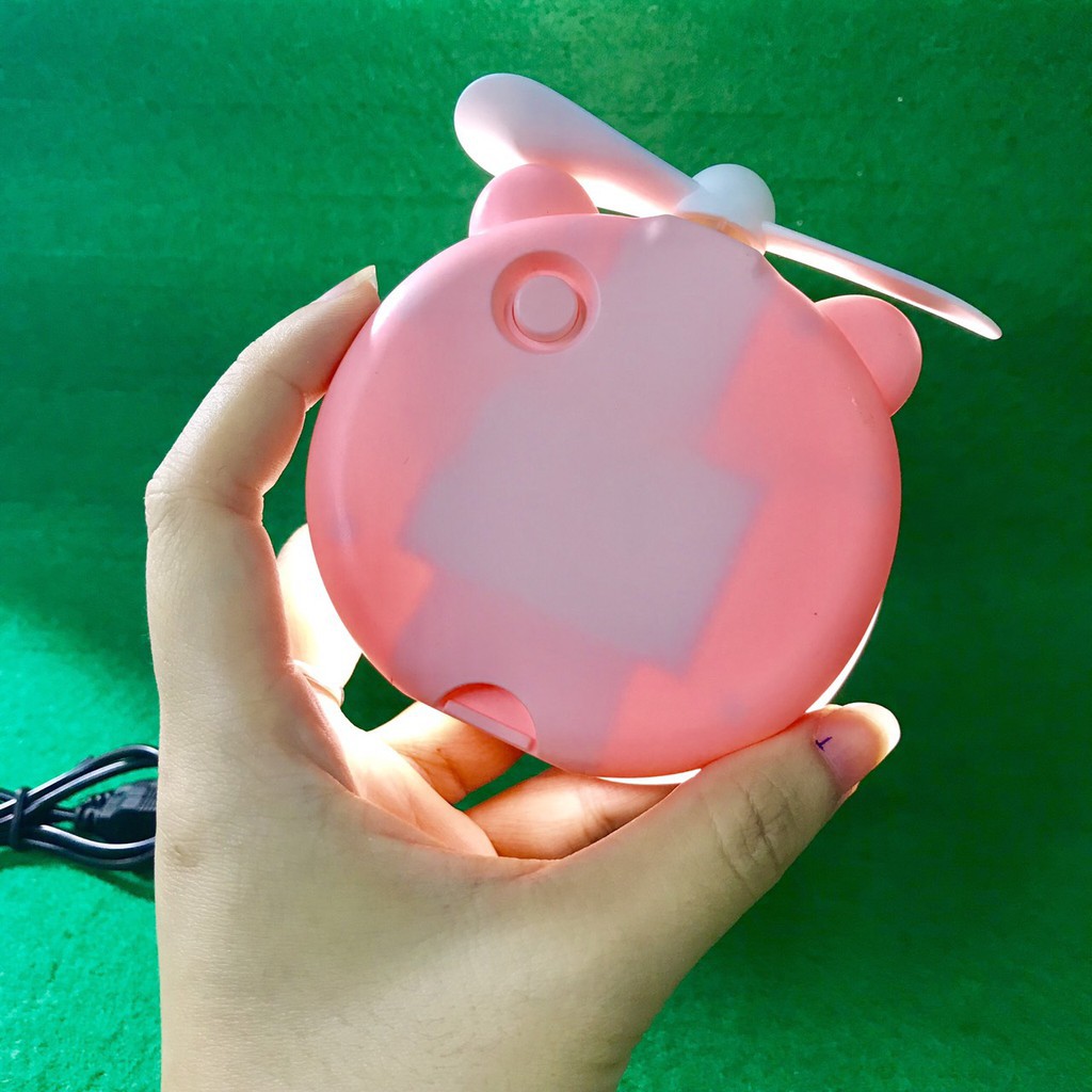 Quạt Hình Heo cute mini tích điện kèm gương soi + đèn sạc một lần dùng mãi mãi -Gía Sốc
