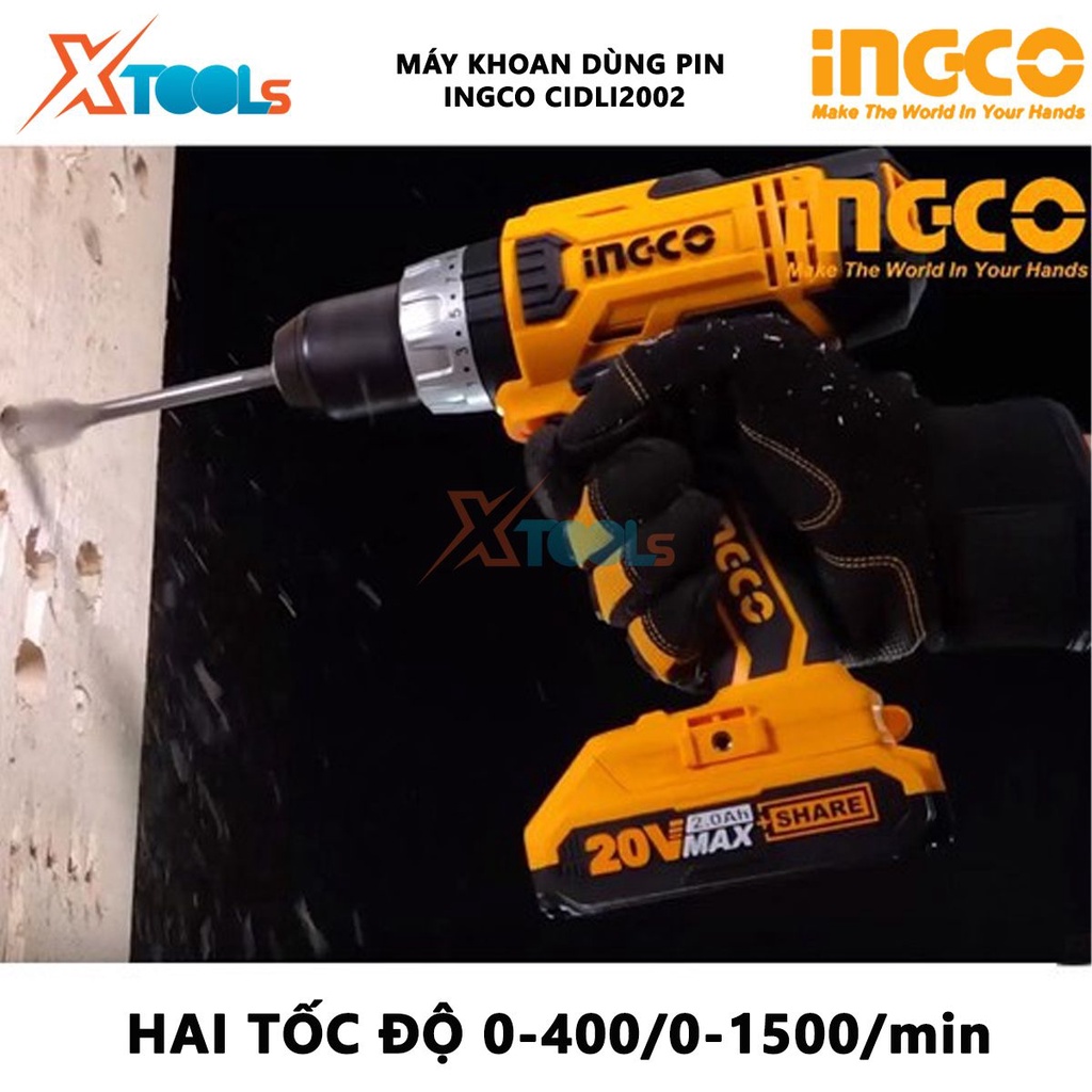 Máy khoan bê tông dùng pin 20V Ingco CIDLI2002 nhông hai tốc độ, khả năng khoan 0.85- 10mm, đầu khoan khóa tự động, nhôn