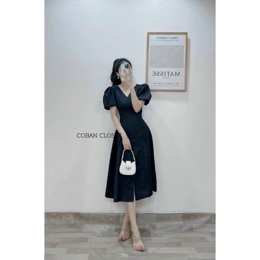 Đầm Midi cổ V tay bồng xẻ 3 màu (Ảnh thật/Video)