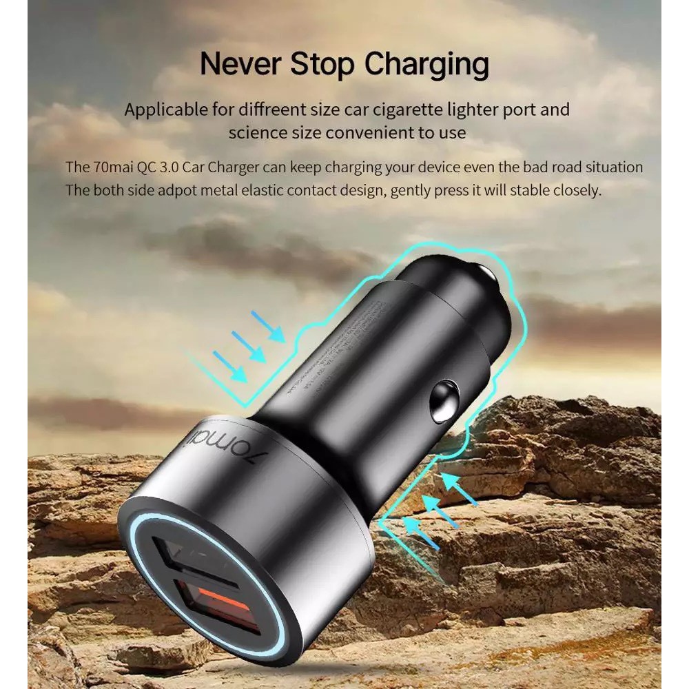 Sạc xe hơi xiaomi  70mai Dual USB Car Charger Midrive CC02 - QC3.0 Sạc nhanh 2 cổng USB , Vỏ kim loại - Bảo Hành 12 Táng