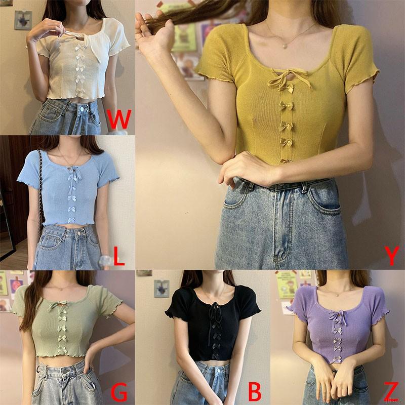 [Mã FAMAYWA giảm 10K đơn 50K] Áo kiểu dệt kim ngắn tay đính nơ phong cách Hàn Quốc xinh xắn thời trang cho nữ | BigBuy360 - bigbuy360.vn