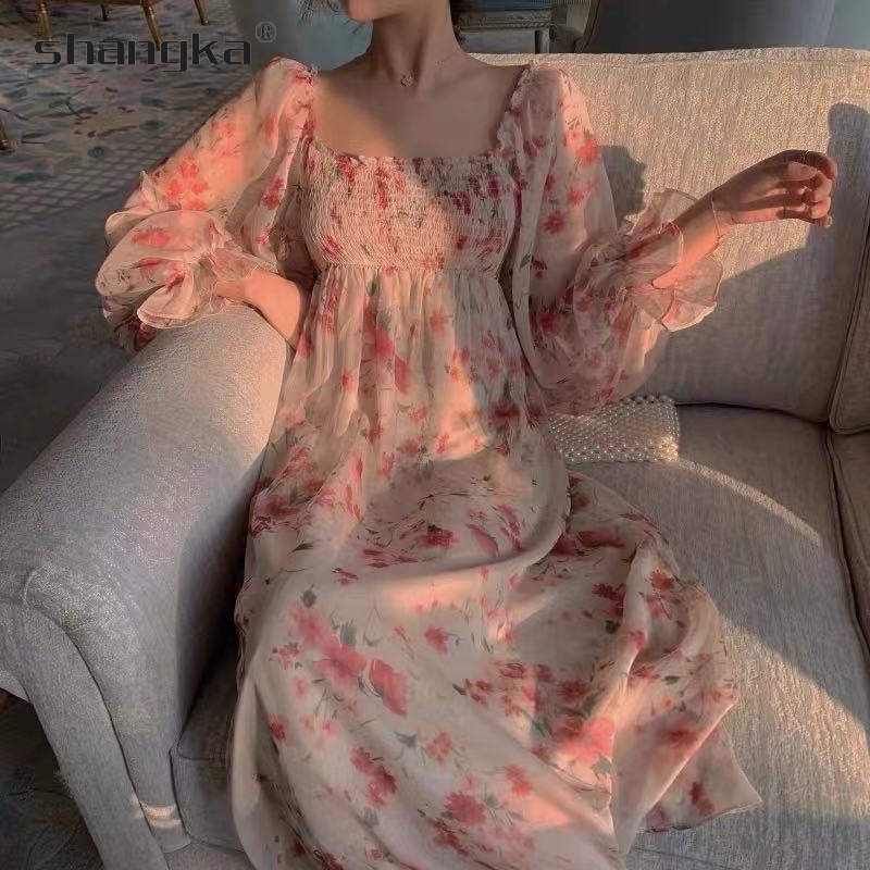 Đầm Hoa Cổ Vuông Tay Dài Phong Cách Retro Pháp Thời Trang Xuân Thu Mới 2022 Dành Cho Nữ