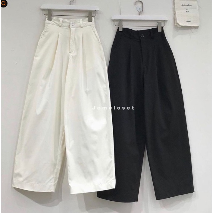 Quần kaki nữ suông trơn 2 cúc basic - Culottes ống rộng cạp cao trẻ trung, thiết kế tối giản, đường phố Ulzzang