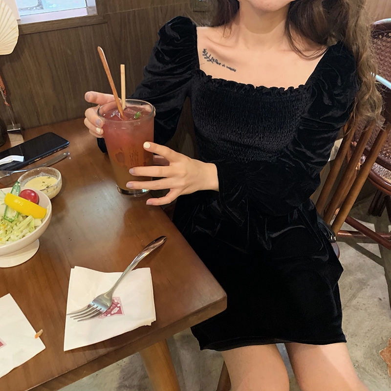 Đầm thời trang cổ vuông dài tay dáng rộng thời trang sang trọng