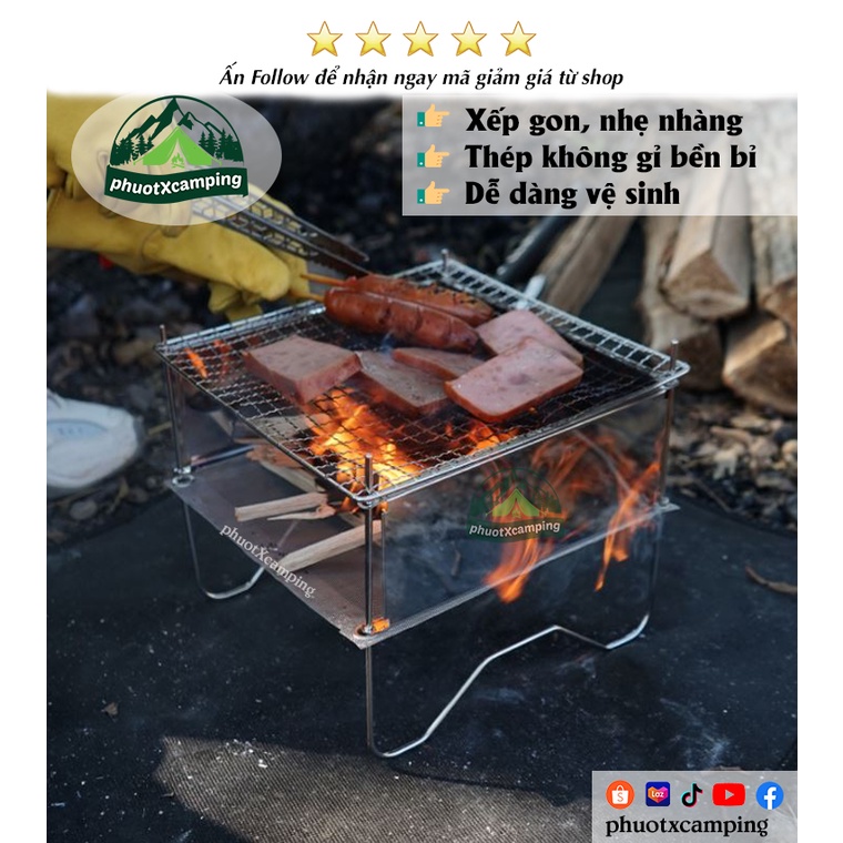 Bếp nướng bếp củi cắm trại dã ngoại mini xếp gọn tiên lợi CLS thép không gỉ chắc chắn - phuotXcamping