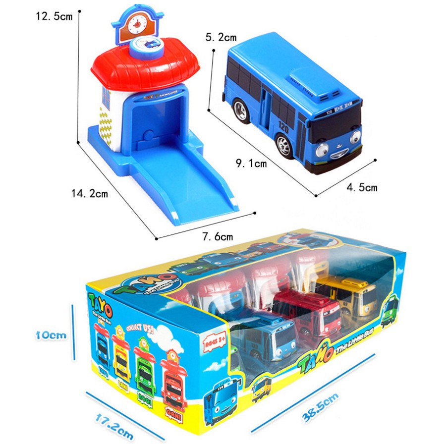 Đồ chơi xe ô tô buýt Tayo the little Bus garage Đồ chơi trẻ em Bộ sản phẩm gồm 4 nhà và xem ô tô chạy cót