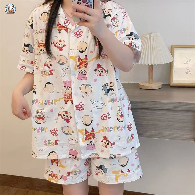 Bộ Đồ Ngủ Áo cardigan Tay Ngắn Phối Quần short Mỏng In Hoạt Hình Dễ Thương Thời Trang Mùa Hè Cho Nữ