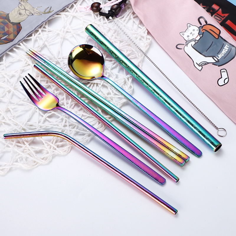 304 Food Stainless Steel Reusable 8pcs Set Metal Printing Straws Chopsticks Fork Spoon Straw W/ Cute Pouch Set