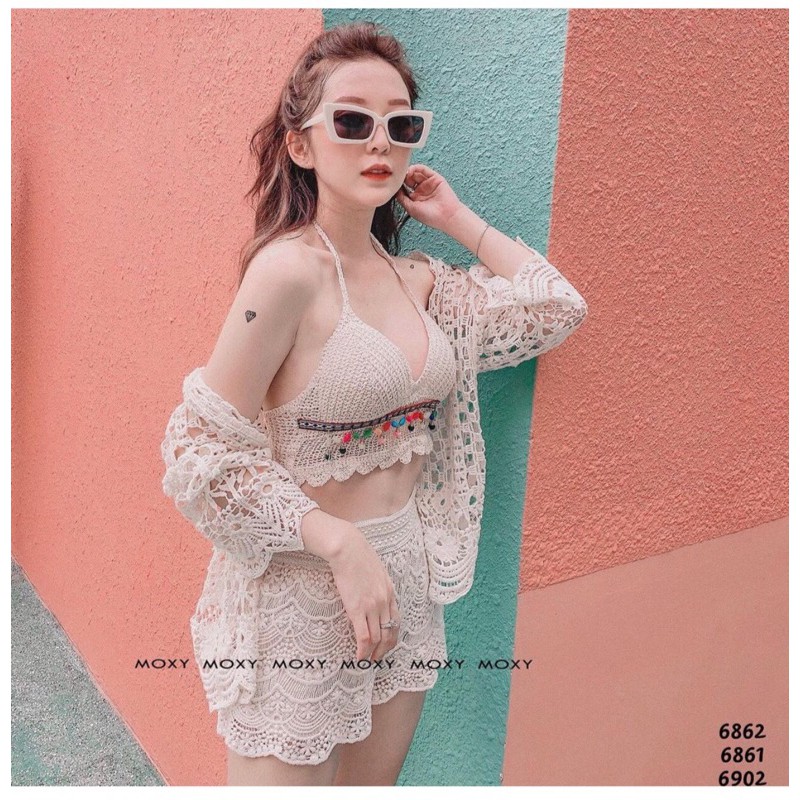 set biển - set 3 món - bra gấu sóng mix ngọc thổ cẩm + quần gấu sóng cánh hoa + choàng ren tay sóng (có tách rời) | BigBuy360 - bigbuy360.vn