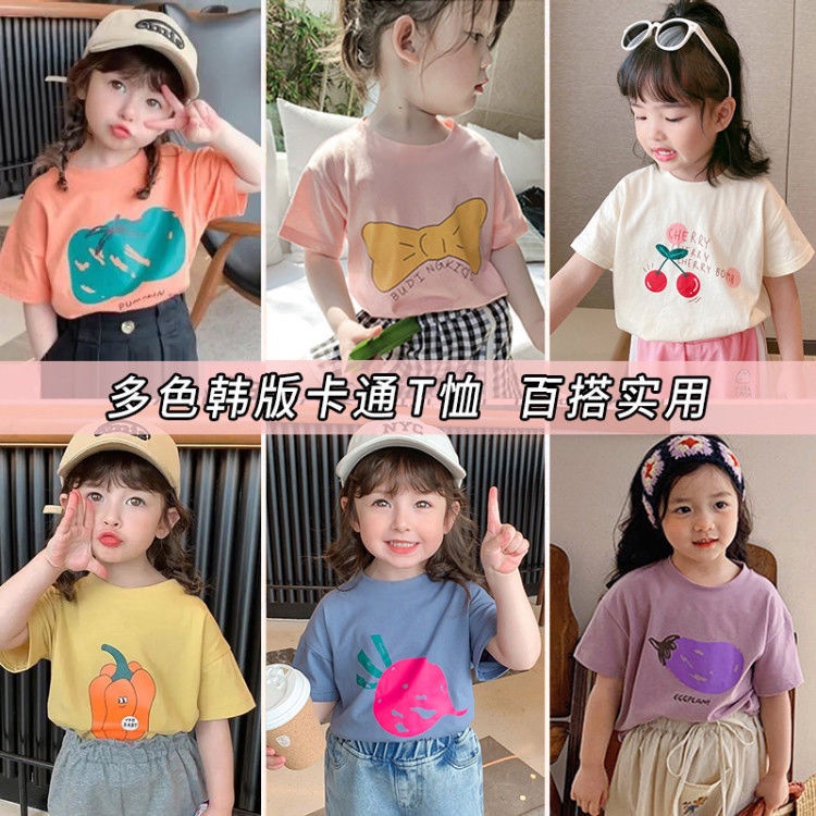 Áo thun Cotton nguyên chất in họa tiết hoạt hình đơn giản cho bé gái