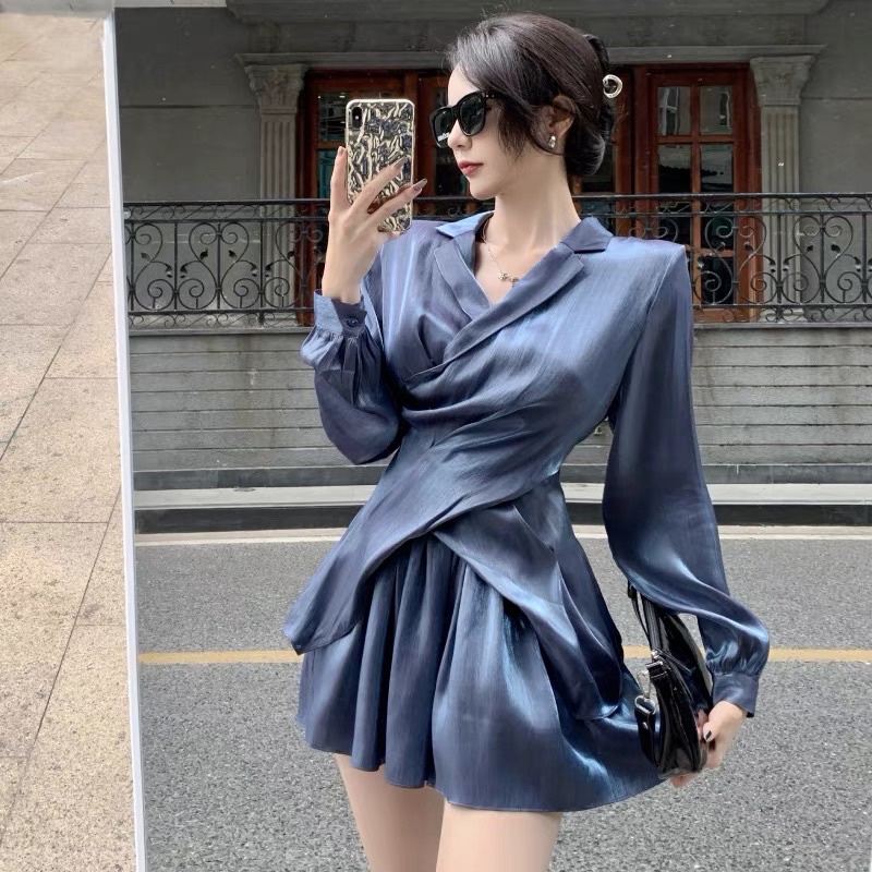 (ORDER TAOBAO) Set áo sơmi tay dài vạt chéo + chân váy xoè vải óng ánh kèm feedback thật