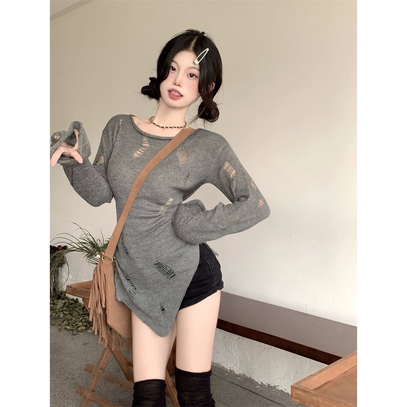 Áo Sweater Dệt Kim Mỏng Tay Dài Dáng Ôm Xẻ Tà Cá Tính Cho Nữ
