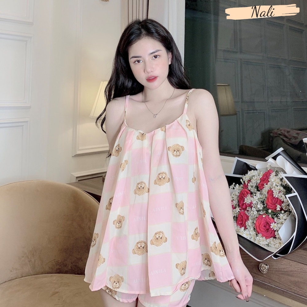 Bộ pijama lụa mango cao cấp, bộ pyjama 2 dây quần đùi hoạ tiết quả dâu dễ thương DN02
