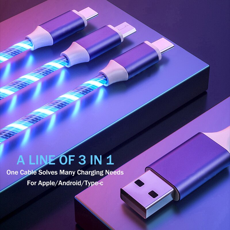 Dây Cáp Sạc Nhanh 3 Trong 1 1.2M Có Đèn LED Cho iPhone 12 Xiaomi 11 Redmi
