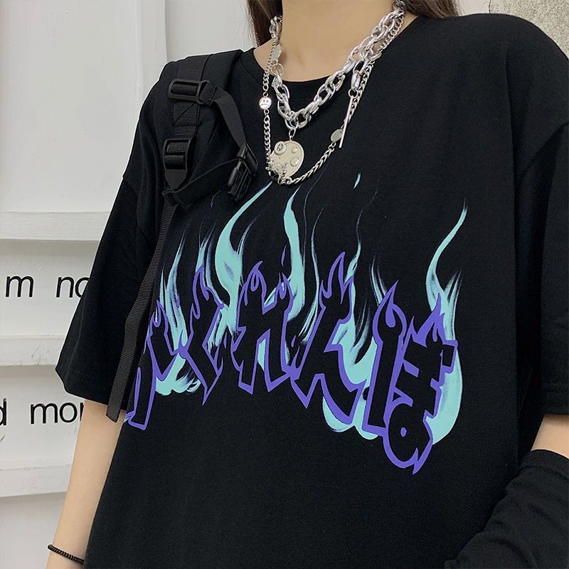 Áo thun tay lỡ Form rộng Chữ cái ngọn lửa , áo thun cotton nam nữ unisex, áo phông nam nữ