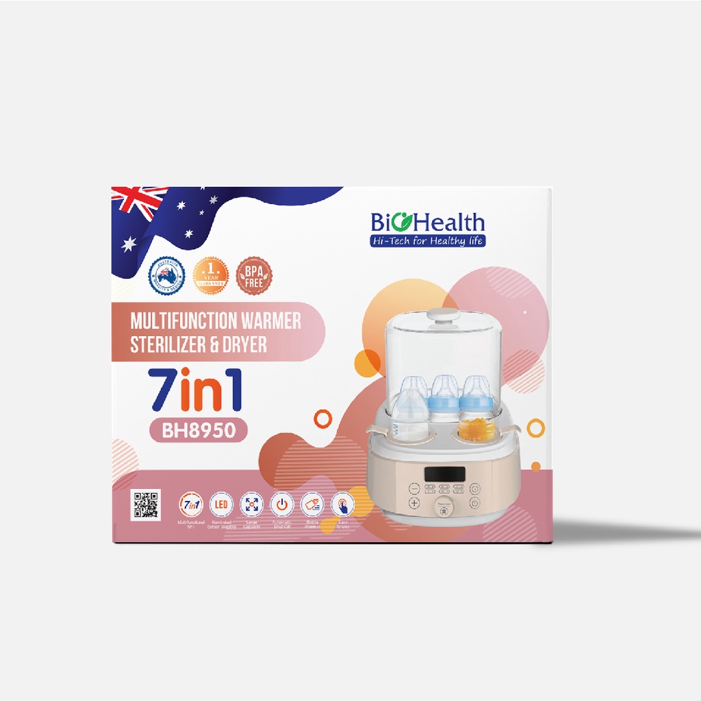 Máy Hâm Sữa Đa Năng 7in1 - Tiệt Trùng, Sấy Khô, Hâm Sữa, Rã Đông - Chứa 3 Bình Sữa - Biohealth BH8950