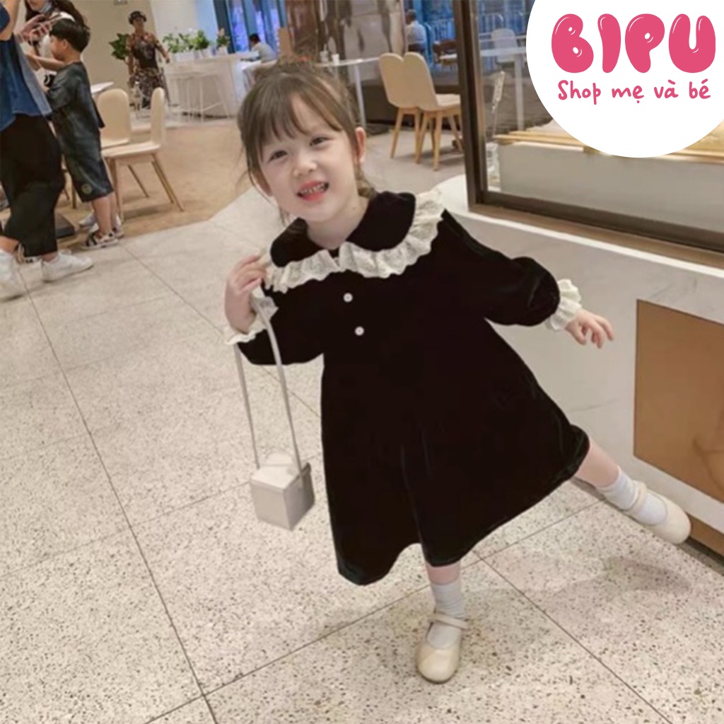 Váy Nhung Bipu Phối Cổ Ren Bánh Bèo Điệu Đà