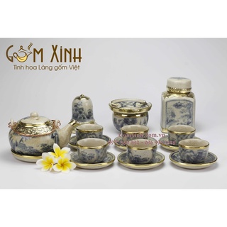 Ấm chén Bát Tràng_Bộ bình trà men rạn giả cổ bọc đồng dáng Nhật & phụ kiện