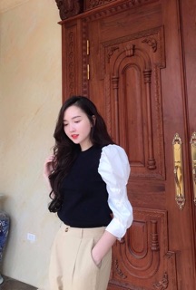 Áo len mongtoghi đen tay pha sơ mi freesize