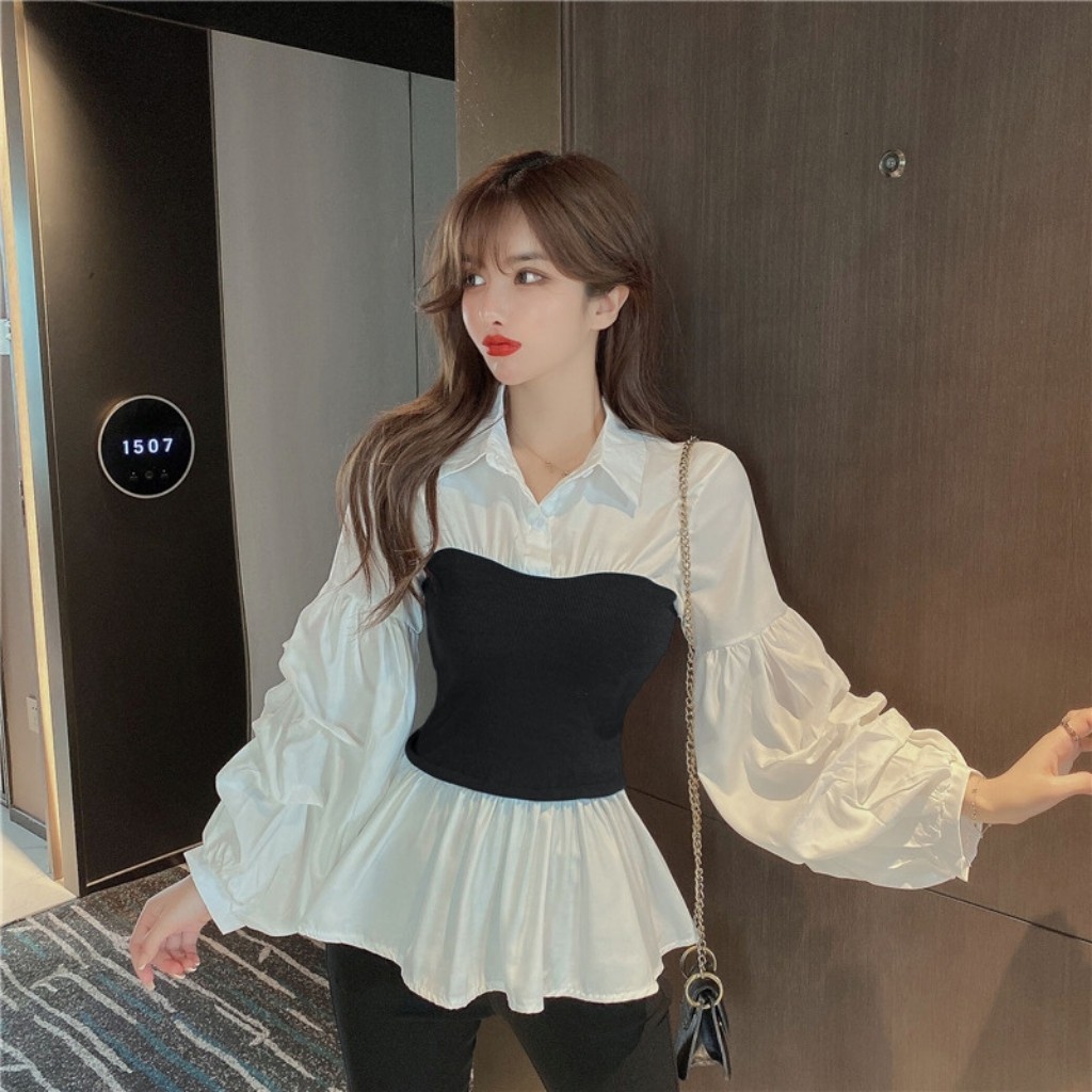 Áo Kiểu Nữ Sơ Mi Lụa Phối Len Ulzzang