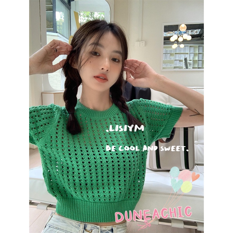 DUNEA Áo Sweater Dệt Kim Tay Ngắn Dáng Rộng Thiết Kế Quyến Rũ Cho Nữ