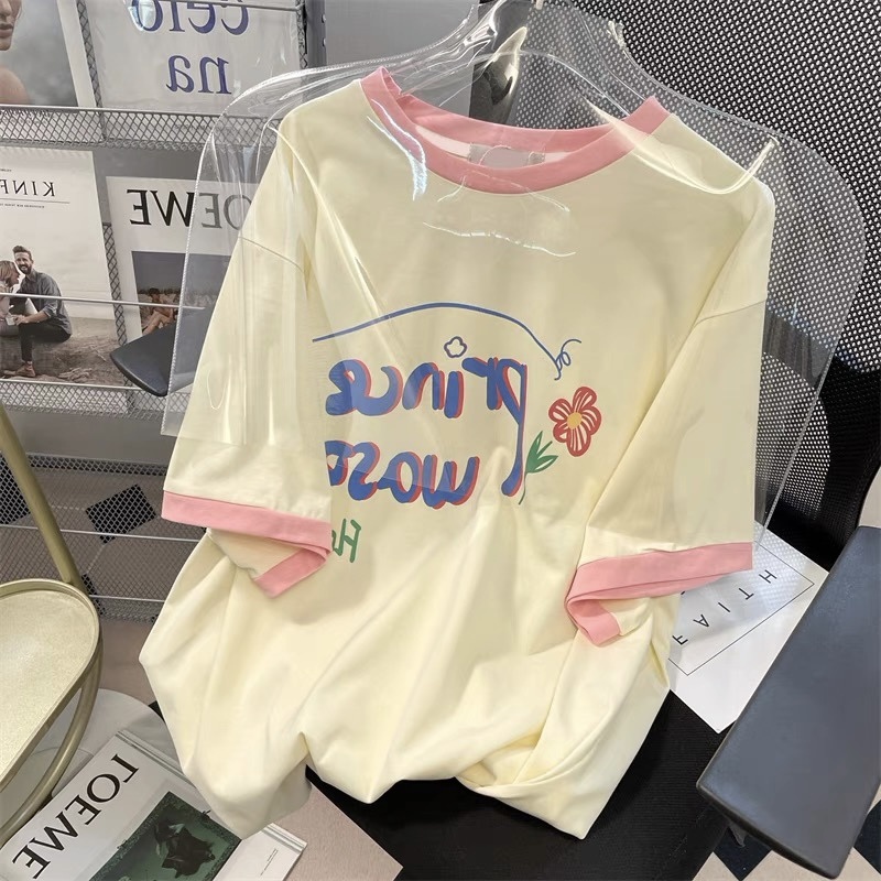 Áo Thun Dáng Rộng Màu Sắc Tương Phản Dễ Phối Đồ Thời Trang Mùa Hè Phong Cách Hàn Quốc Cho Nữ