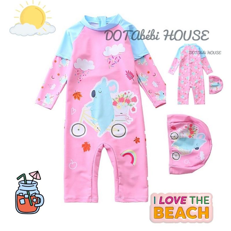 có nón &lt;37kg Áo tắm Đồ bơi liền thân dài tay dài quần mã SW0202 họa tiết gấu koala size đại cho bé gái - DOTAbébi HOUSE