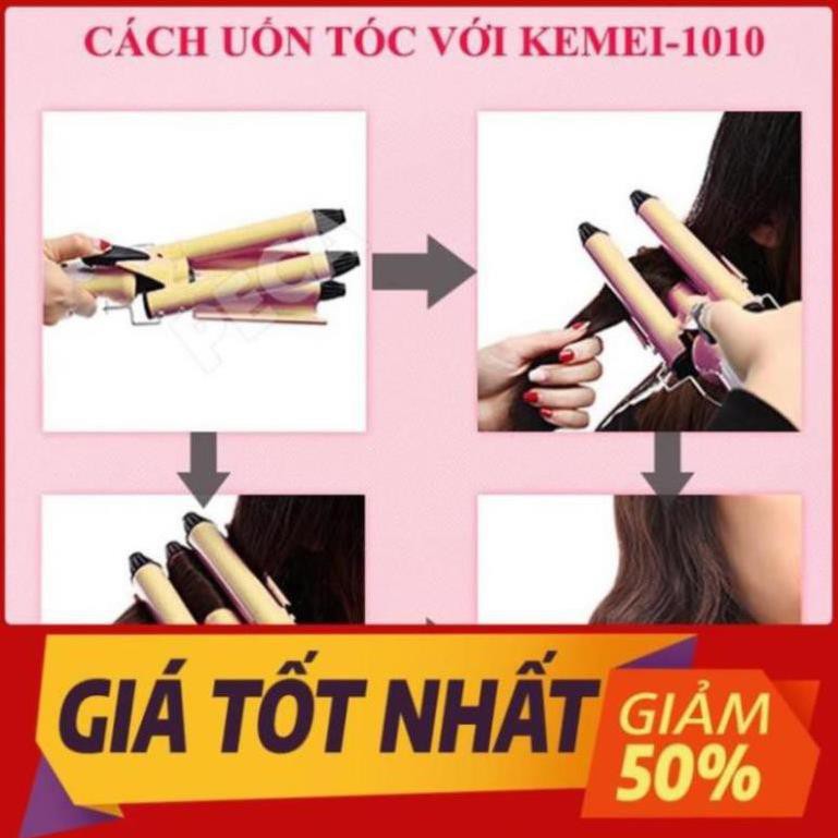 Máy uốn tóc chuyên nghiệp Kemei KM-1010 tiện lợi với 3 trục uốn dùng để uốn xoăn, uốn lọn gợn sóng tạo độ phòng cho tóc