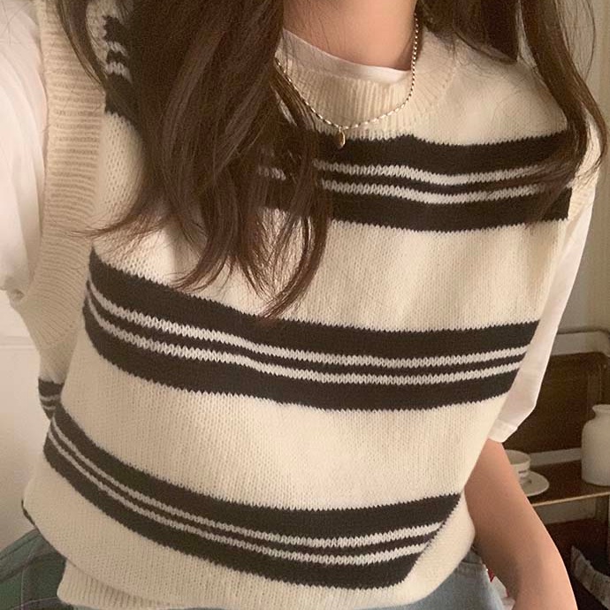 SUXI Áo Len Không Tay Cổ Chữ V Họa Tiết Kẻ Sọc Thời Trang Hàn Quốc Dễ Phối Đồ Cho Nữ