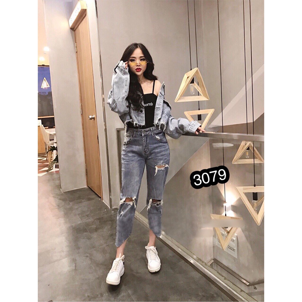 Quần Jeans Nữ Rách Gối Cao Cấp OHS3079