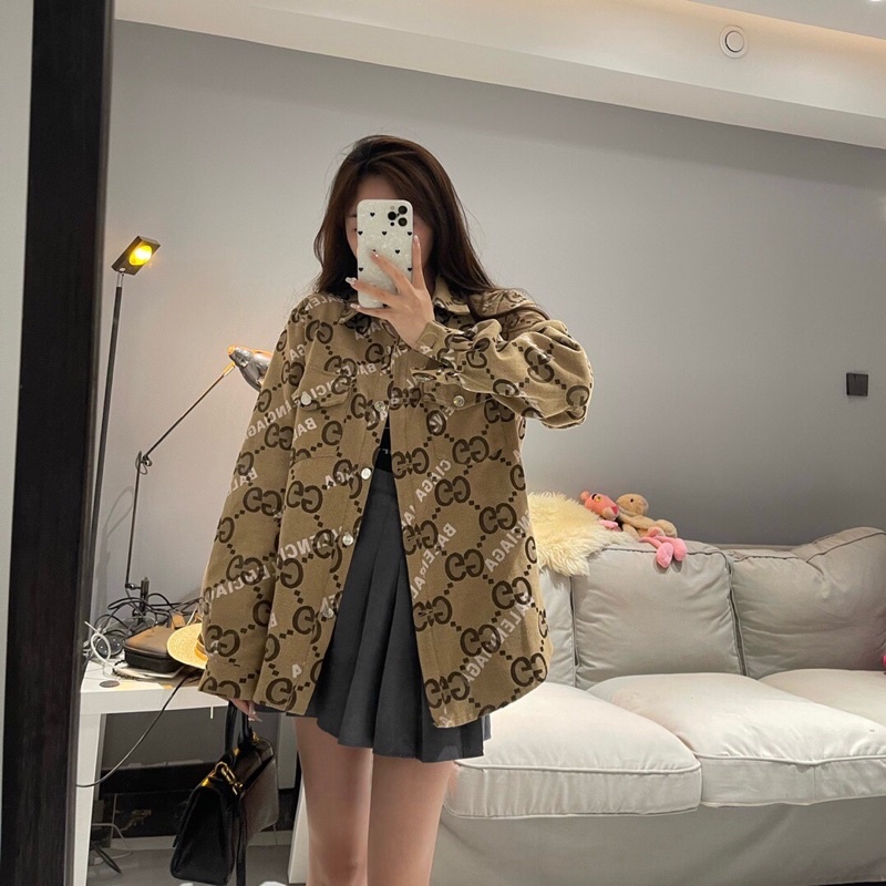 Áo khoác sơ mi nữ logo thương hiệu Balenciaga x Gucci GC/GG cao cấp